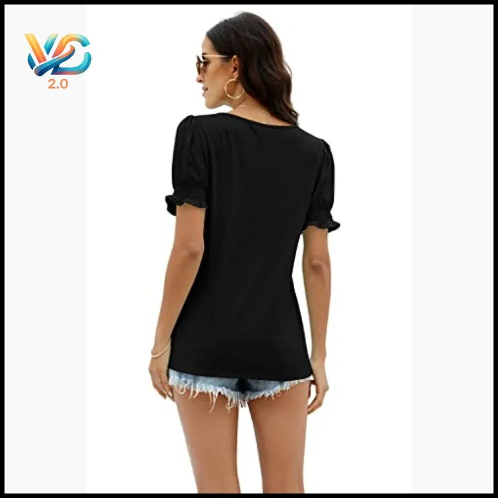 Summer Casual T-Shirt with Ruffle Trim Sleeves and Square Neck - Picture 4 of 7